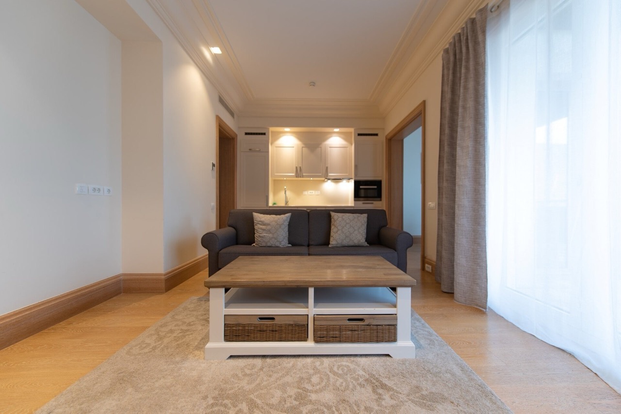 Dnevna soba sa sofom i kuhinjskim delom u stanu, Porto Montenegro, Tivat, Crna Gora: moderan enterijer i završna obrada.