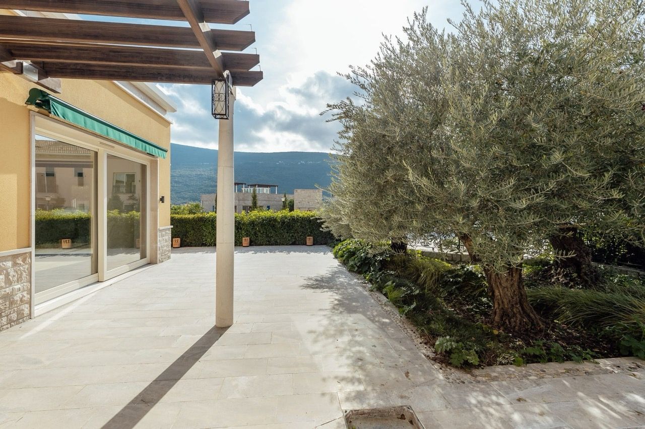 Villa terrace in Portonovi, Kumbor, Montenegro: stone paving, wooden pergola, olive tree, and mountain view.