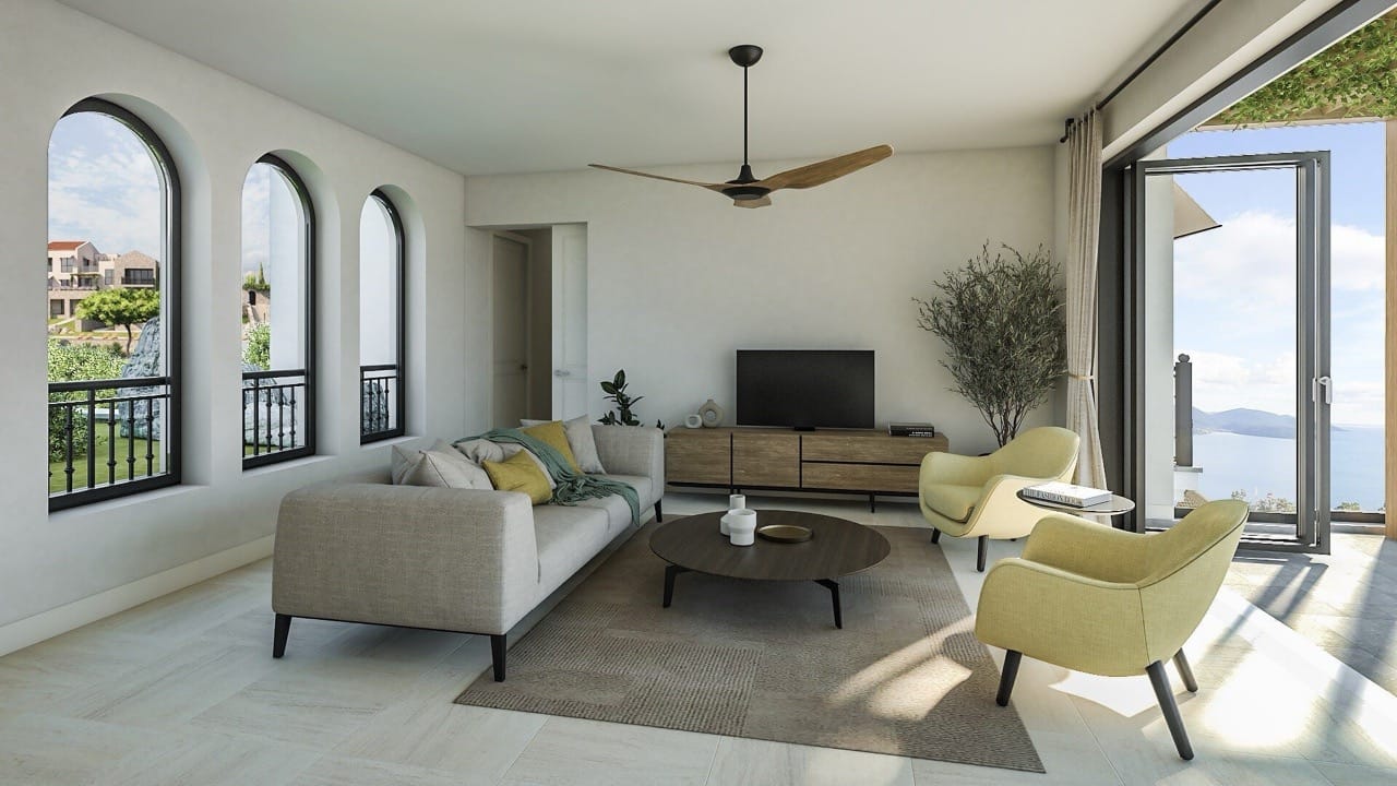 Modern living room in Luštica Bay, Radovići, Montenegro: bright interior, panoramic sea view, and stylish furniture.
