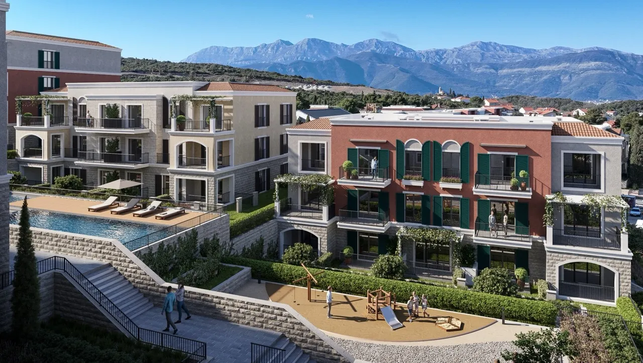 Wohnanlage in Luštica Bay, Radovići, Montenegro: moderne Apartments mit Pool, Terrassen und Spielplatz.