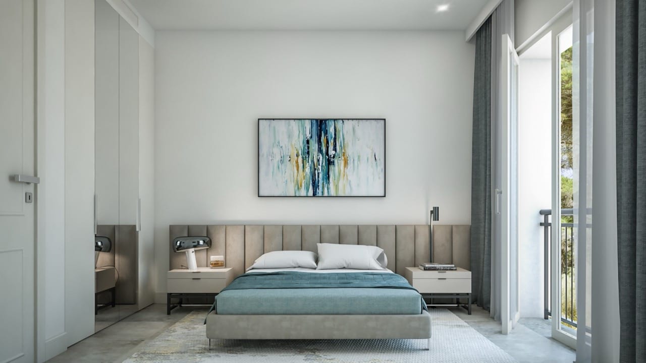 Modern bedroom with a double bed in an apartment in Lustica Bay, Radovici, Montenegro: stylish interior.