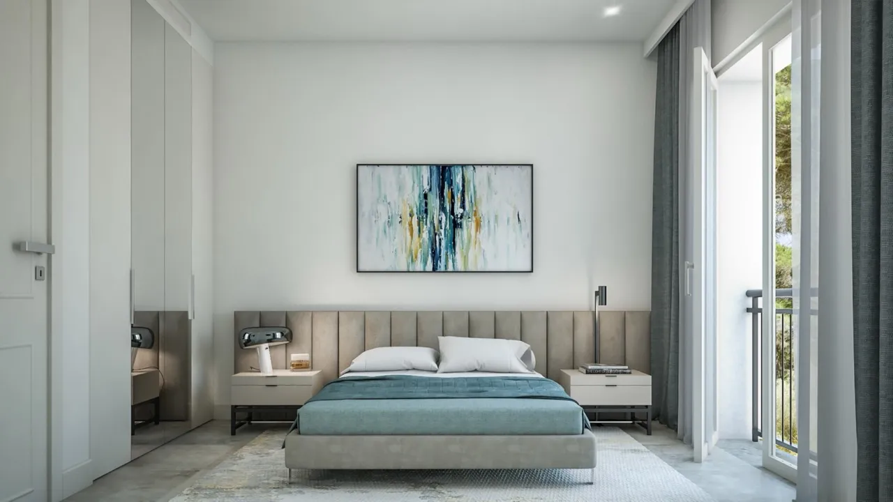 Modernes Schlafzimmer mit Doppelbett in der Wohnung im ЖК Luštica Bay, Radovići, Montenegro: stilvolles Interieur.