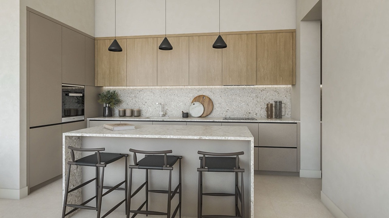 Moderne Küche mit Kochinsel und Barhockern in einer Villa in Luštica Bay, Radovići, Montenegro. Designer-Innenausstattung.