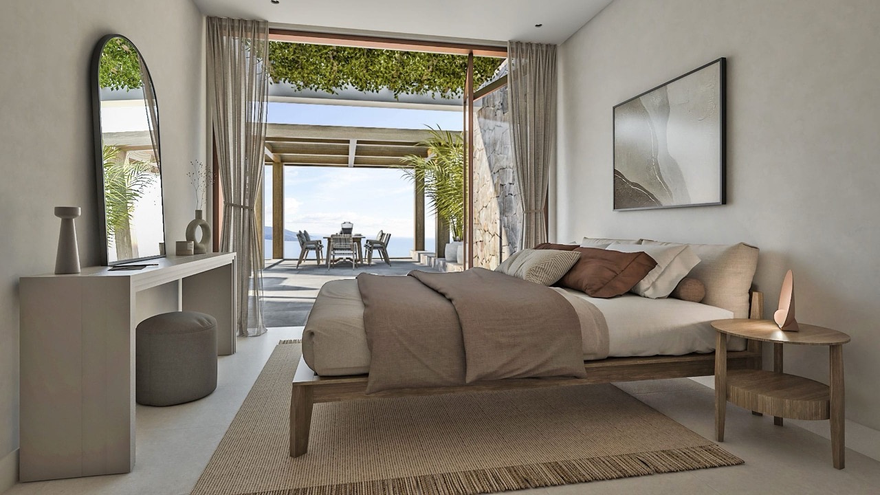 Modernes Schlafzimmer in einer Villa in Luštica Bay, Radovići, Montenegro, mit Zugang zur Terrasse und Meerblick.