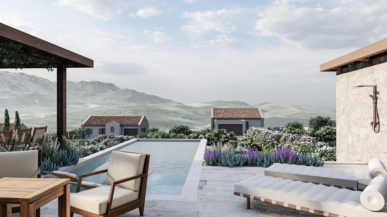 Terrasse der Villa in Luštica Bay, Montenegro: Pool, Sonnenliegen, Steinverkleidung und Panoramablick auf die Berge und Radovići.