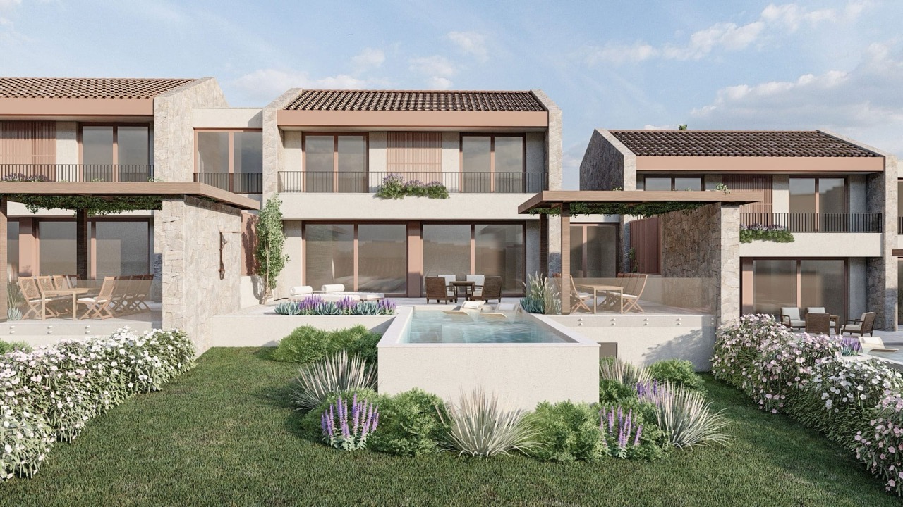 Moderne Villa in Luštica Bay, Radovići, Montenegro: privater Pool, möblierte Terrasse und Landschaftsgestaltung.