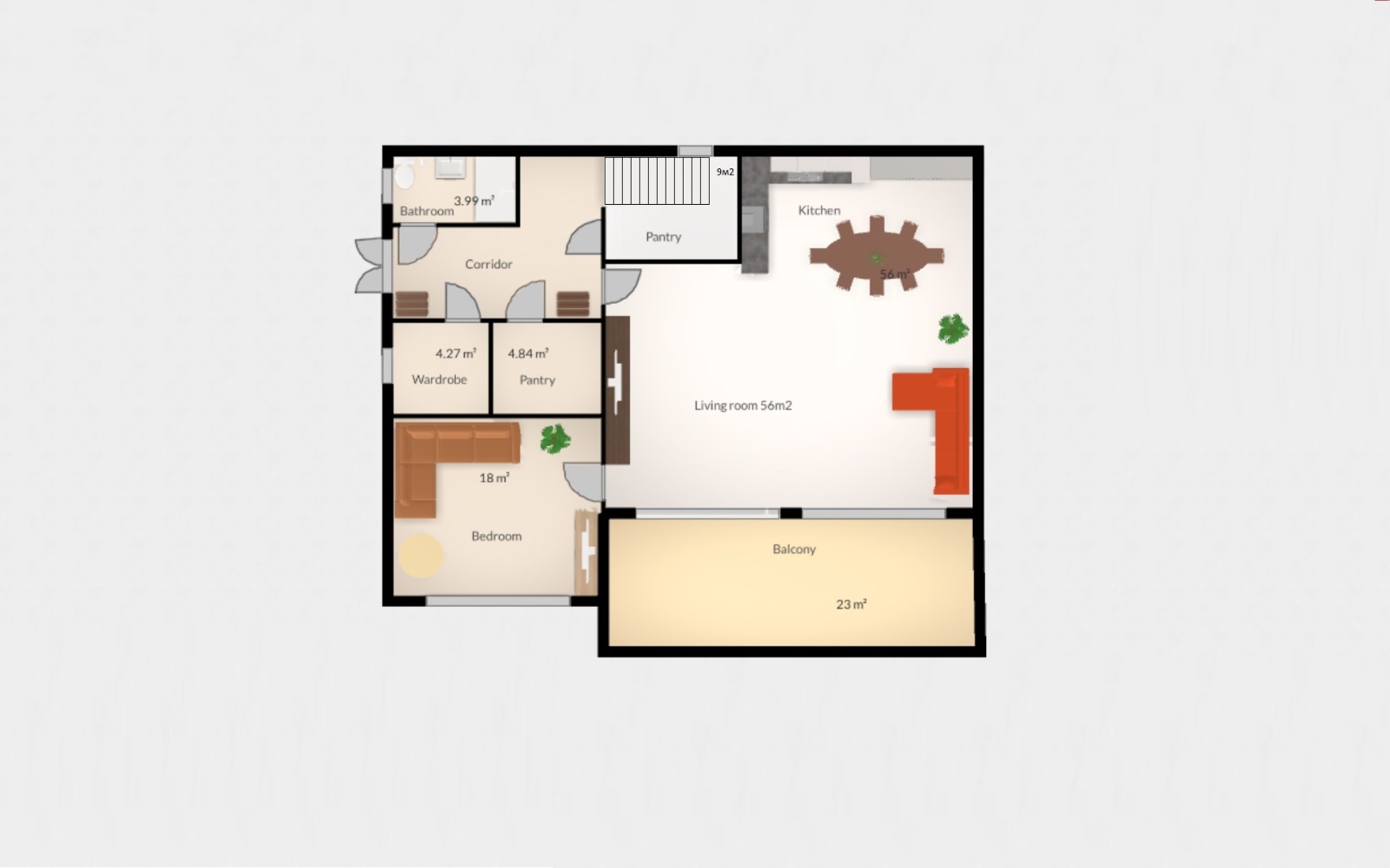 Układ willi w Barze, Czarnogóra: salon 56 m², sypialnia, garderoba, kuchnia oraz balkon 23 m² z meblami.