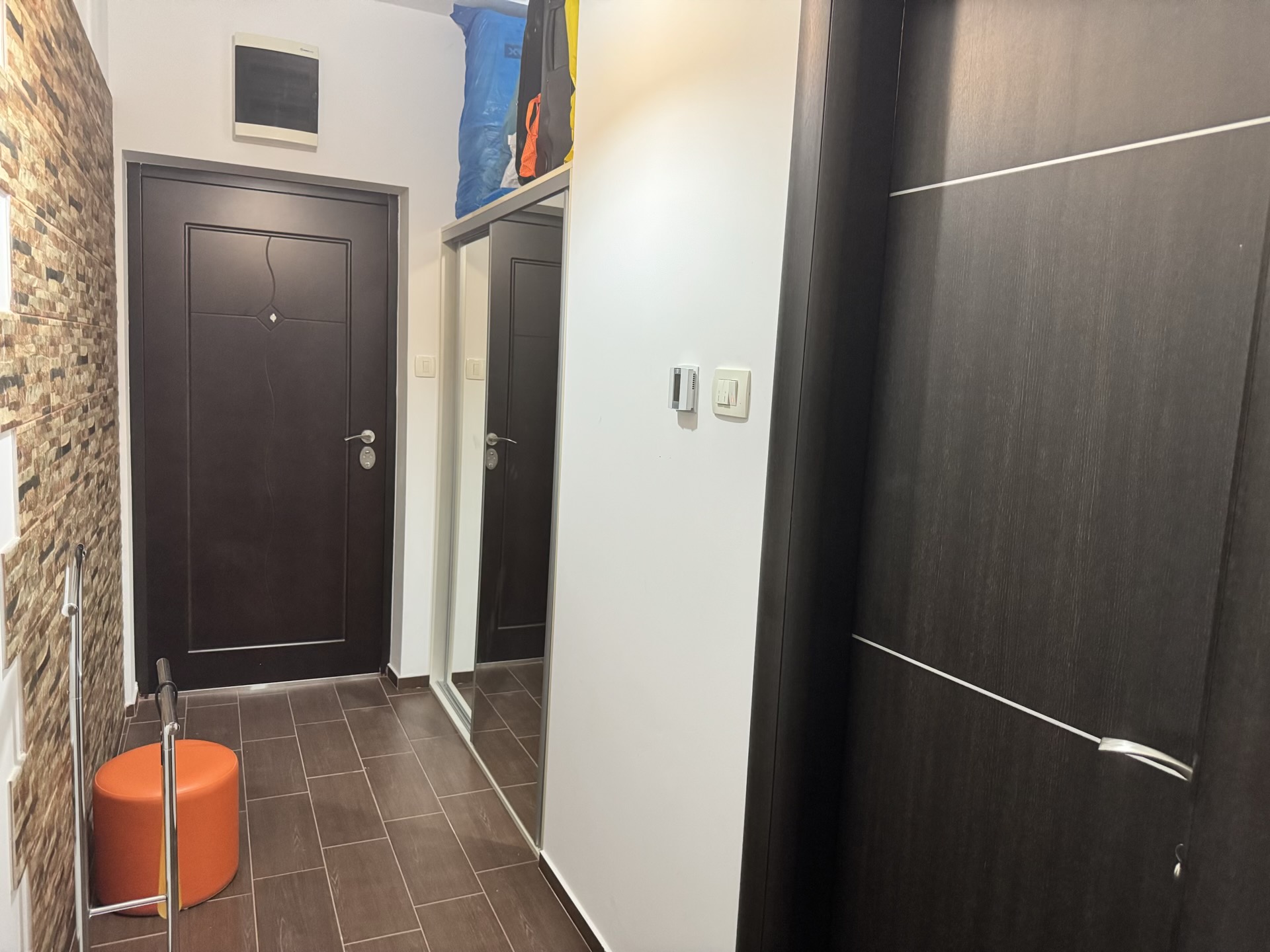 Hallway in an apartment in Budva, Montenegro: a mirrored sliding wardrobe, dark interior doors, and stone wall finish.