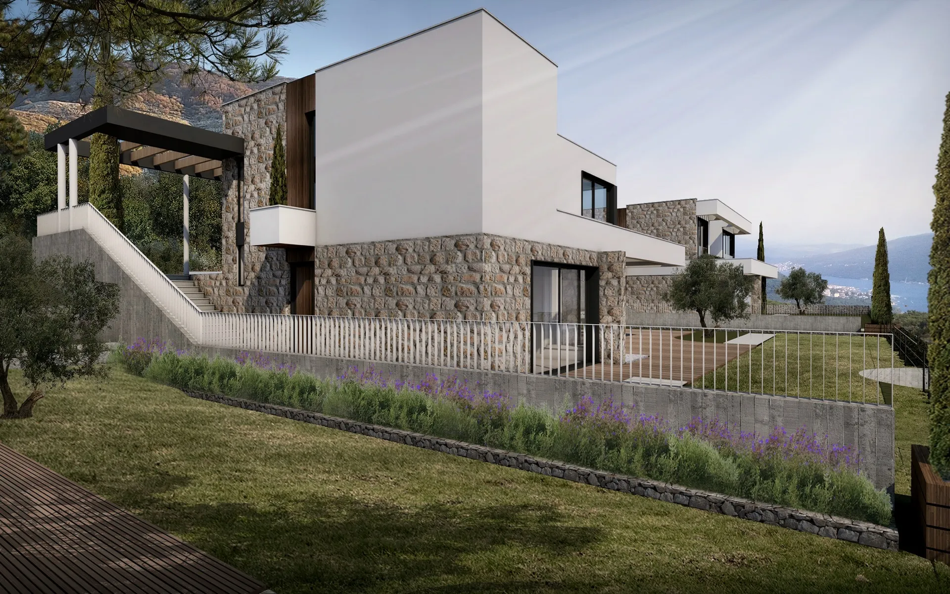 Modern villa with stone finishes and panoramic sea views in a residential complex, Herceg Novi, Montenegro.