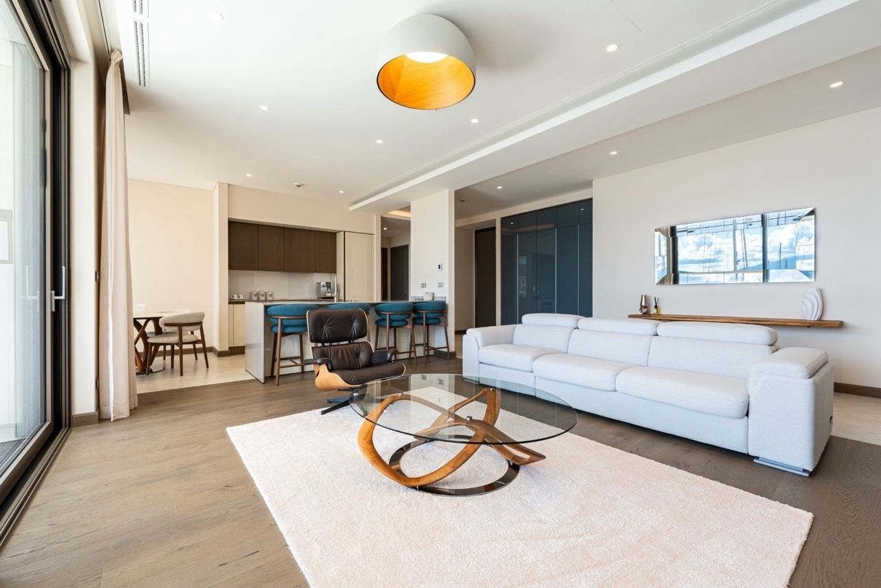 Modern living room with kitchen in an apartment in Portonovi, Kumbor, Montenegro: stylish furniture, panoramic windows, and decor.