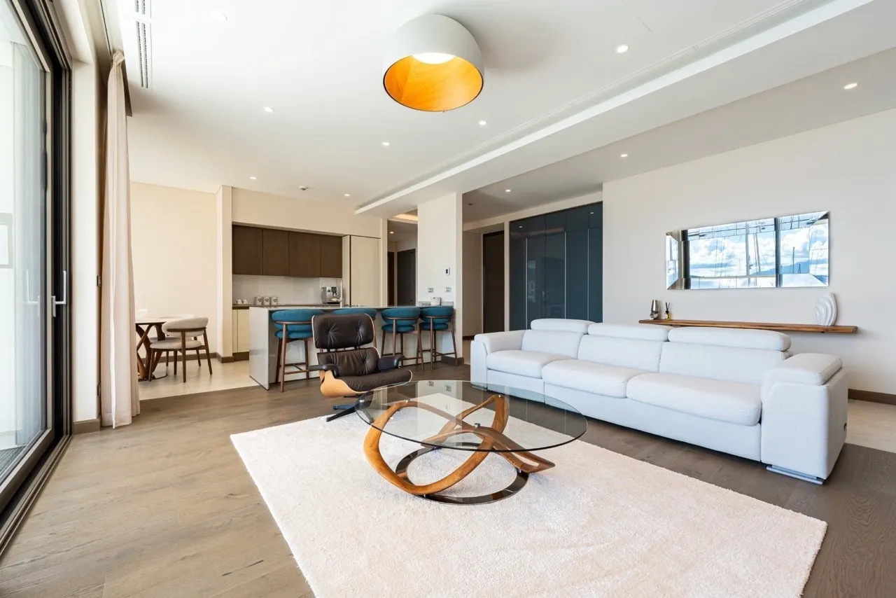 Modernes Wohnzimmer mit Küche in der Wohnung Portonovi, Kumbor, Montenegro: stilvolle Möbel, Panoramafenster und Dekor.