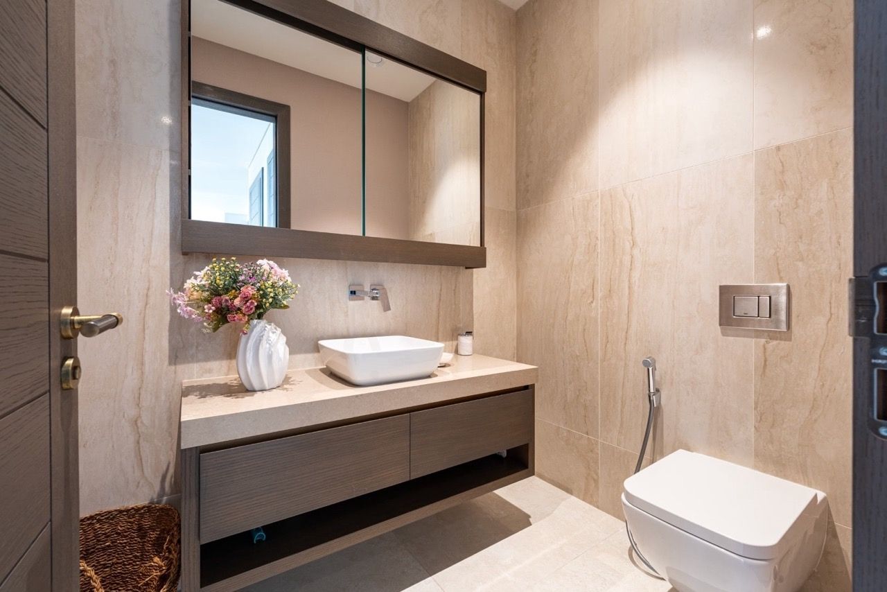 Modern bathroom in an apartment in Portonovi, Kumbor, Montenegro: stylish vanity, vessel sink, and tile.