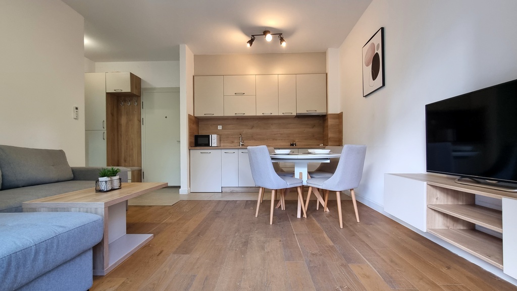 Modern living room with kitchen in an apartment in Bečići, Montenegro: gray sofa, dining area, and light-colored furniture.