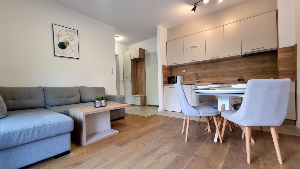 Modern living room with kitchen in an apartment in Bečići, Montenegro: gray sofa, dining area, and light finishes.