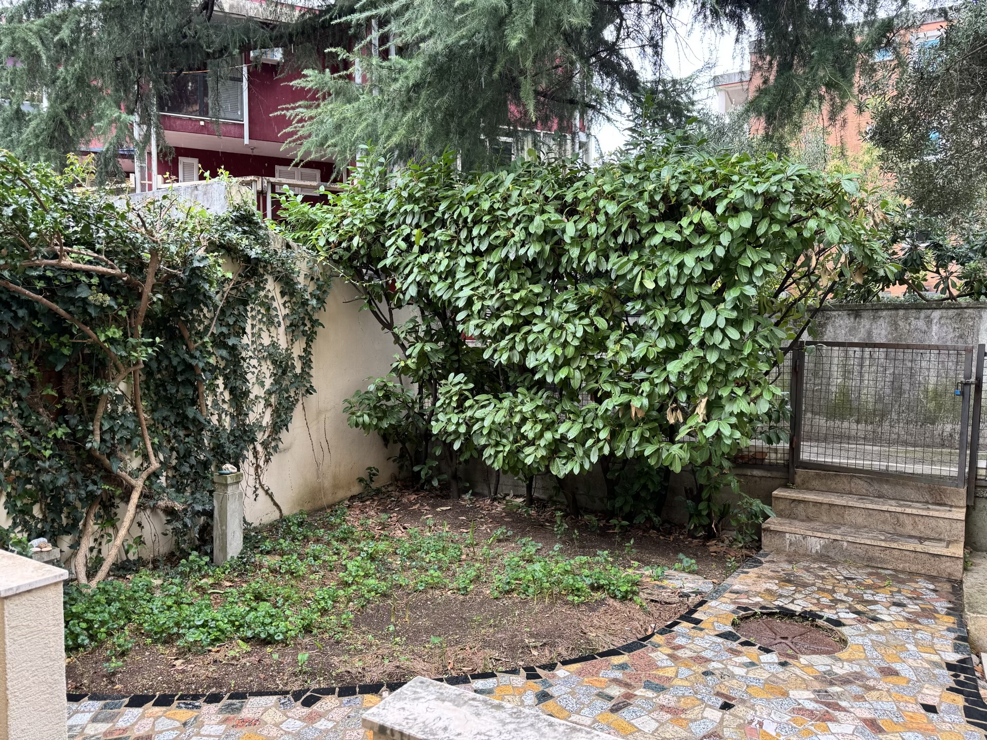 Gemütlicher privater Innenhof mit Mosaikweg und Grünanlagen an der Wohnung in Budva, Montenegro.