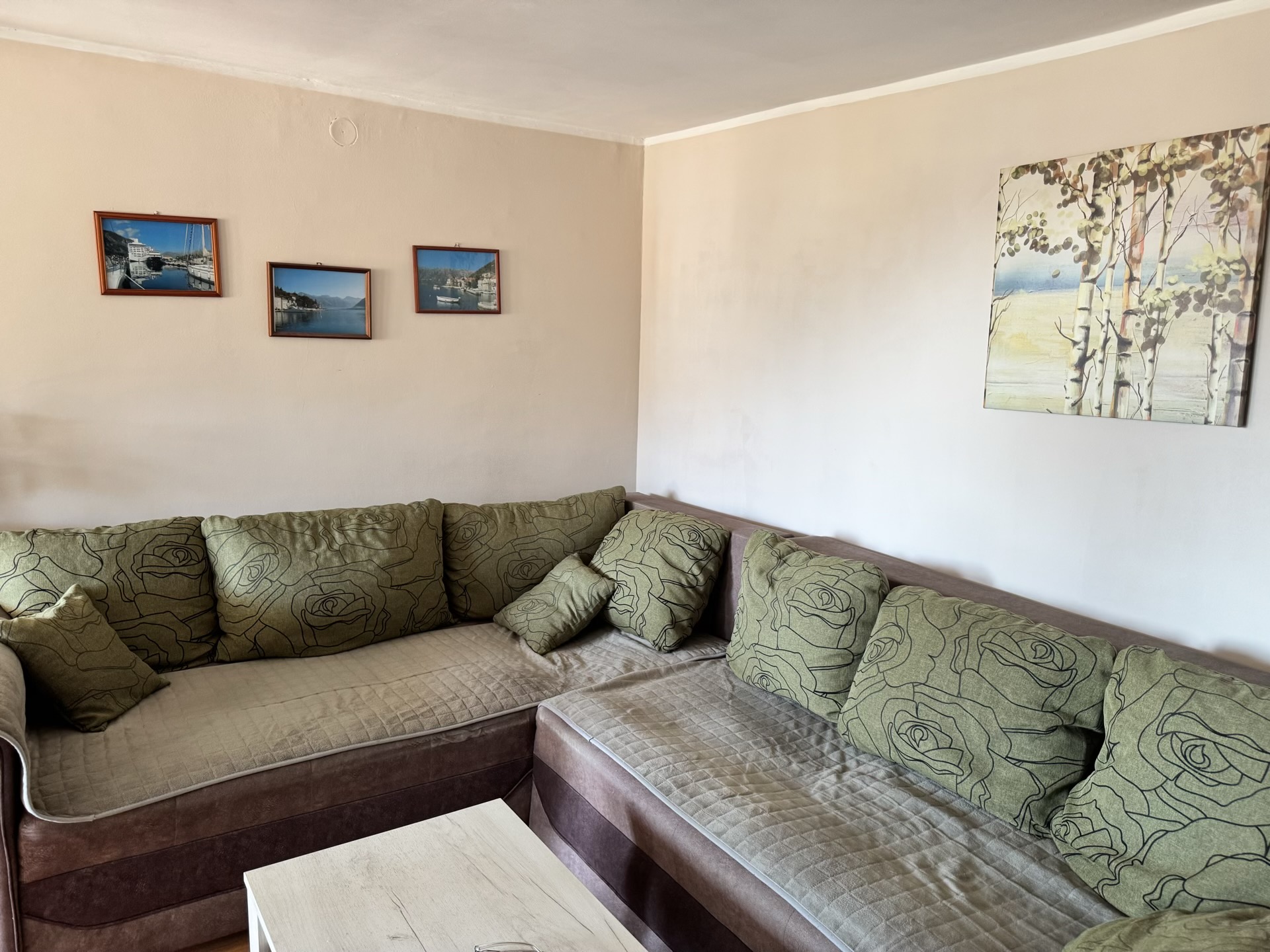 Gemütliches Wohnzimmer mit Ecksofa in einer Wohnung in Bečići, Montenegro: helles Interieur, Dekor und Bilder an den Wänden.