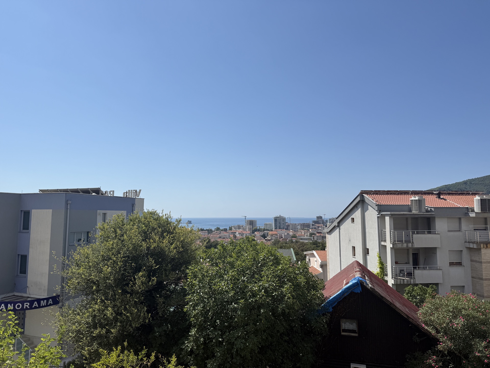 Panoramiczny widok na morze i miasto Budva, Czarnogóra, z okna mieszkania, z zielonymi drzewami na pierwszym planie.
