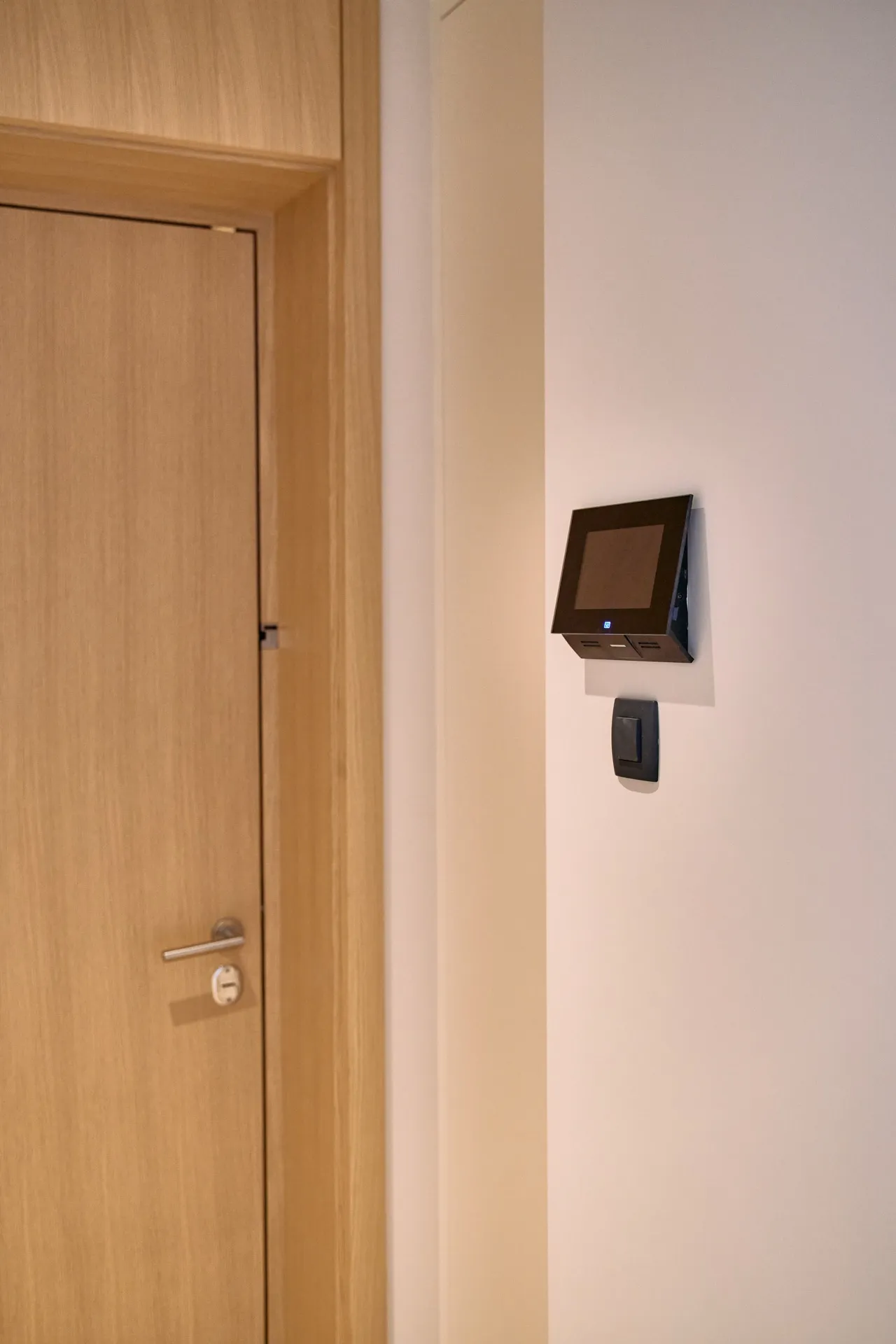 Eine Holztür mit silberner Klinke und ein schwarzes elektronisches Bedienfeld an der angrenzenden weißen Wand.
