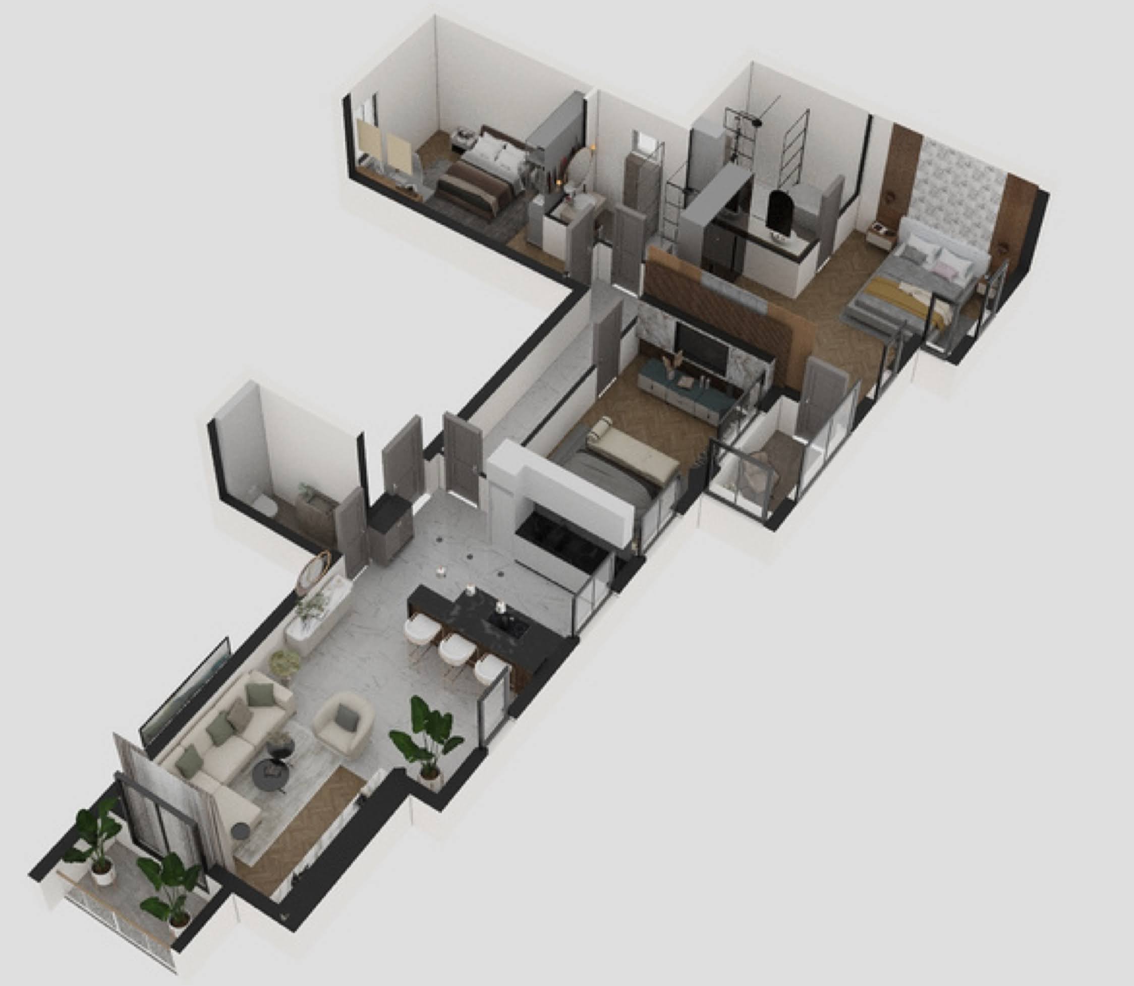 3D-Grundriss einer Wohnung in der Wohnanlage Bečići, Montenegro: Wohnzimmer mit Küche, zwei Schlafzimmer, zwei Badezimmer und eine möblierte Terrasse.