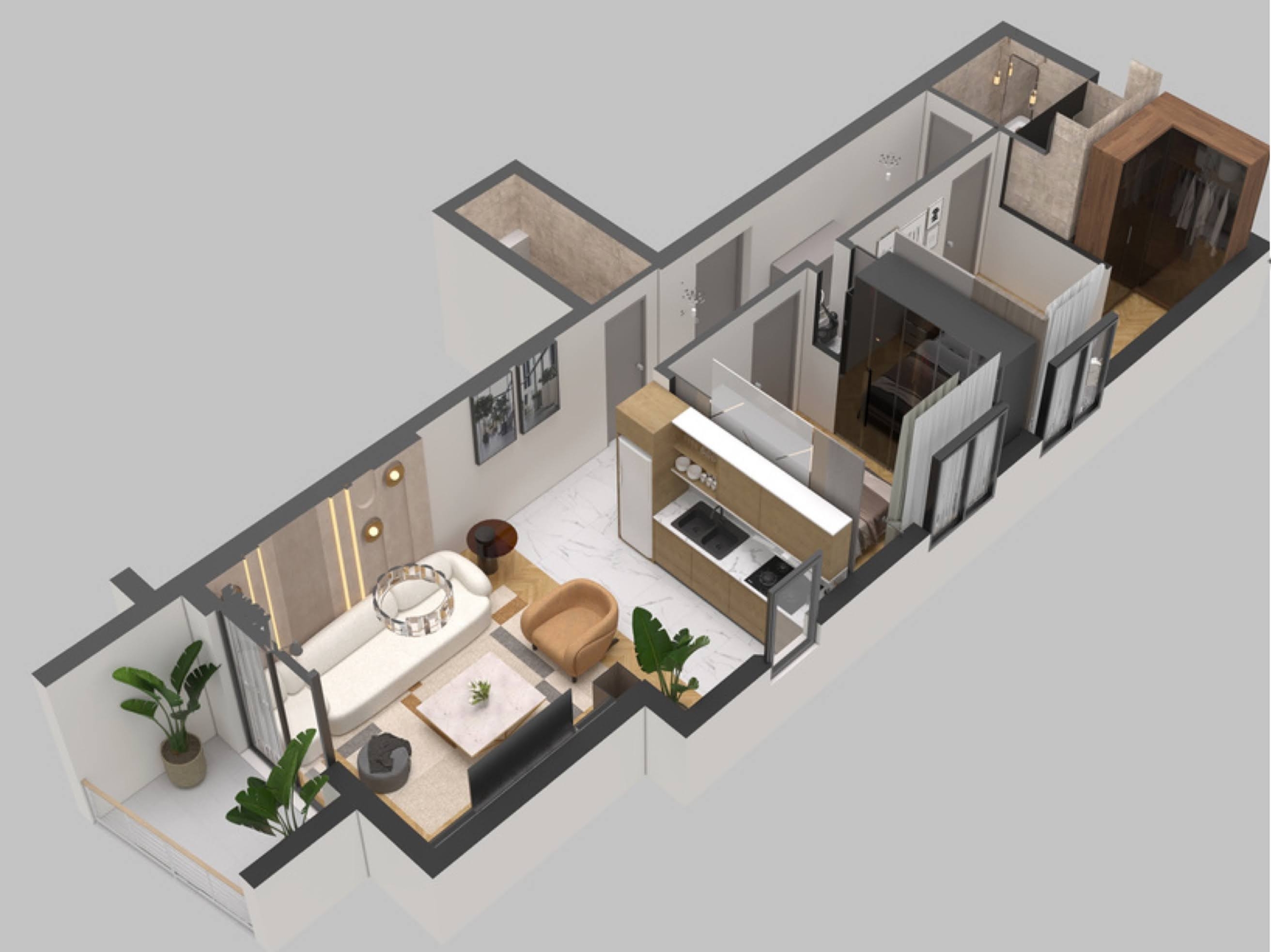 3D-Grundriss einer Wohnung in der Wohnanlage Bečići, Montenegro: Wohnzimmer mit Küche, Schlafzimmer, Ankleidezimmer und möblierte Terrasse.