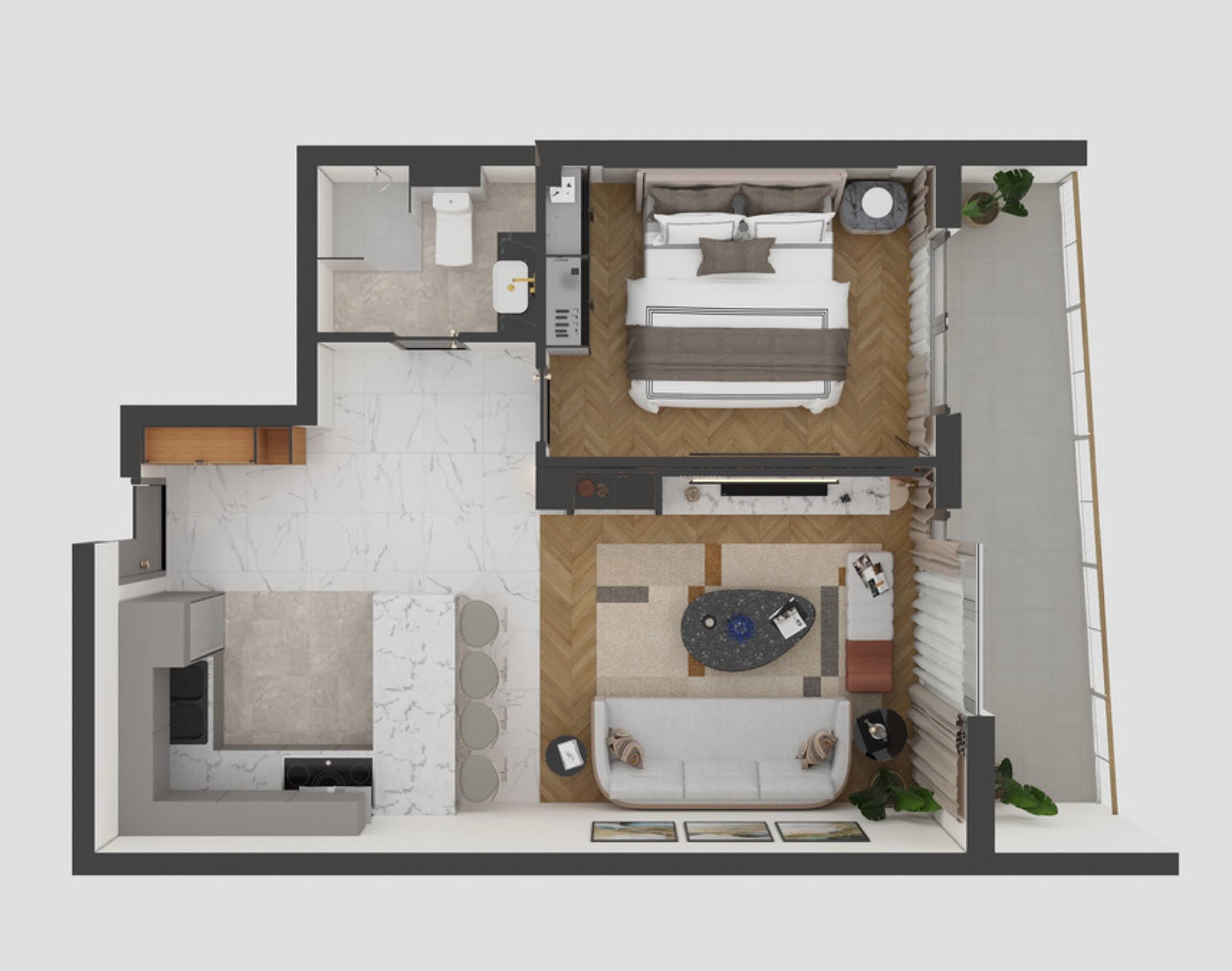 Grundriss der Wohnung in der Wohnanlage Bečići, Montenegro: Wohnküche, Schlafzimmer, Badezimmer und eine geräumige, möblierte Terrasse.