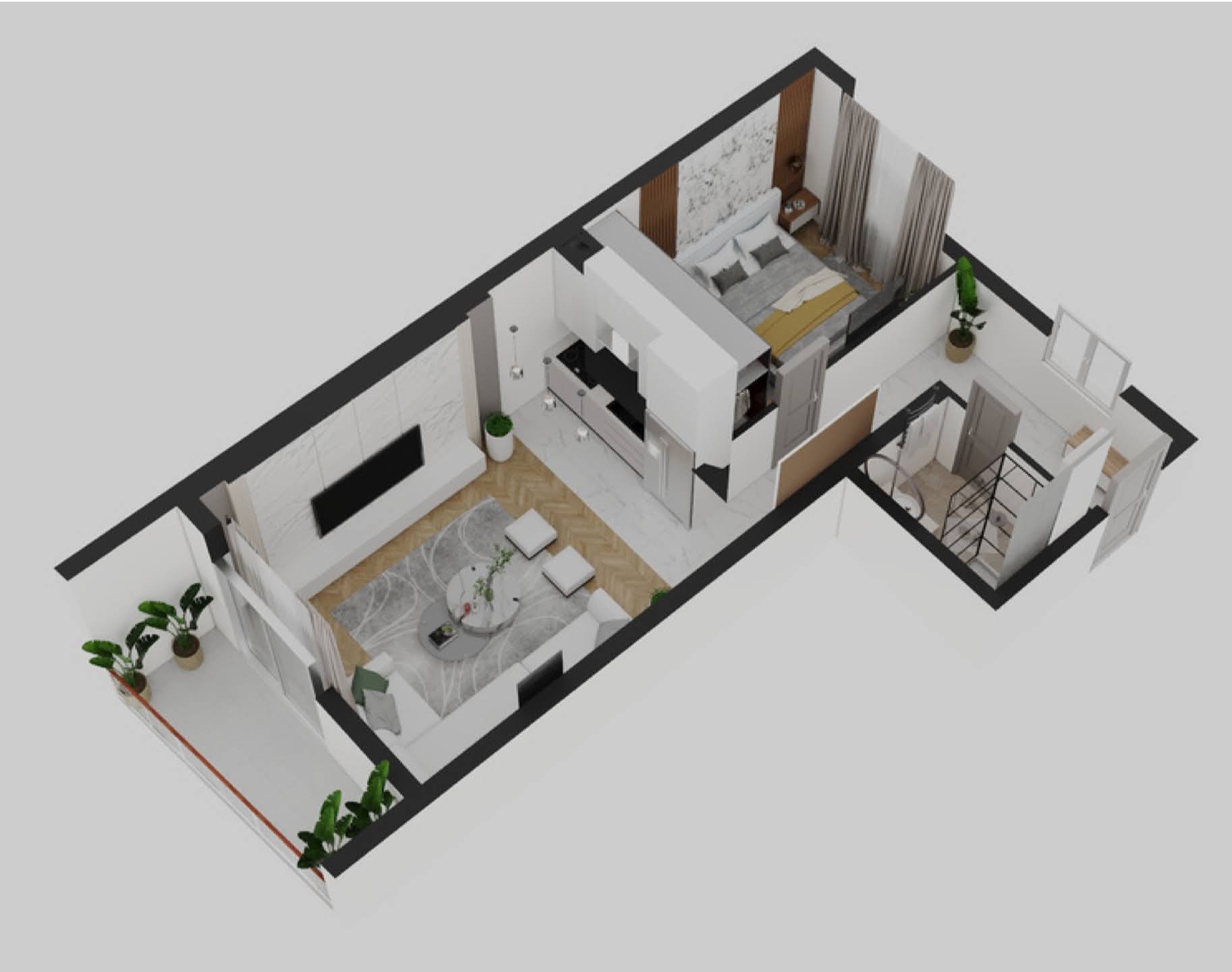 3D-Grundriss einer Wohnung in Bečići, Montenegro: Wohnzimmer, Küche, Schlafzimmer und Terrasse mit moderner Ausstattung und Möblierung.