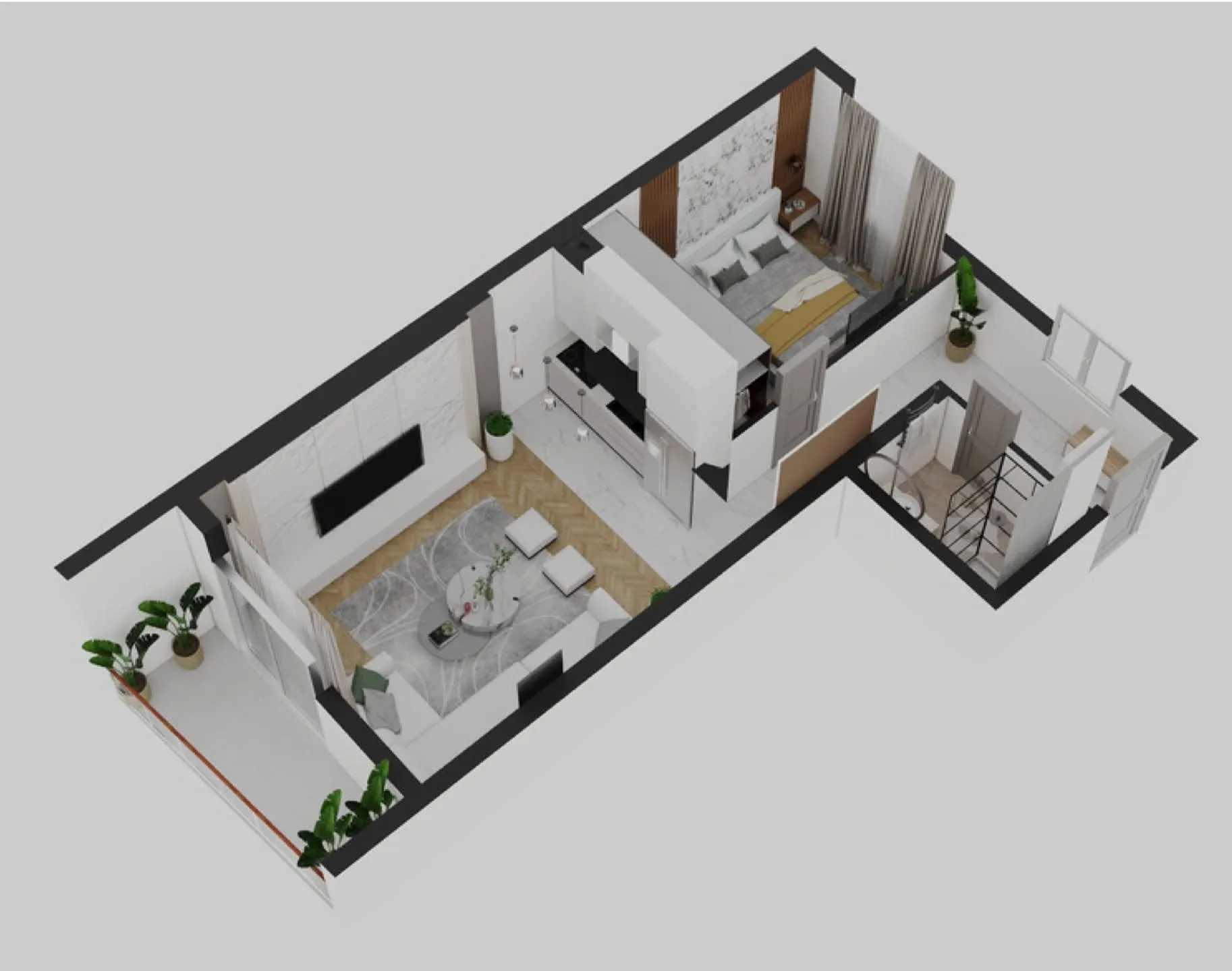 3D-Grundriss einer Wohnung aus der Vogelperspektive mit Wohnzimmer, Schlafzimmer, Küche und Bad im modernen Stil.