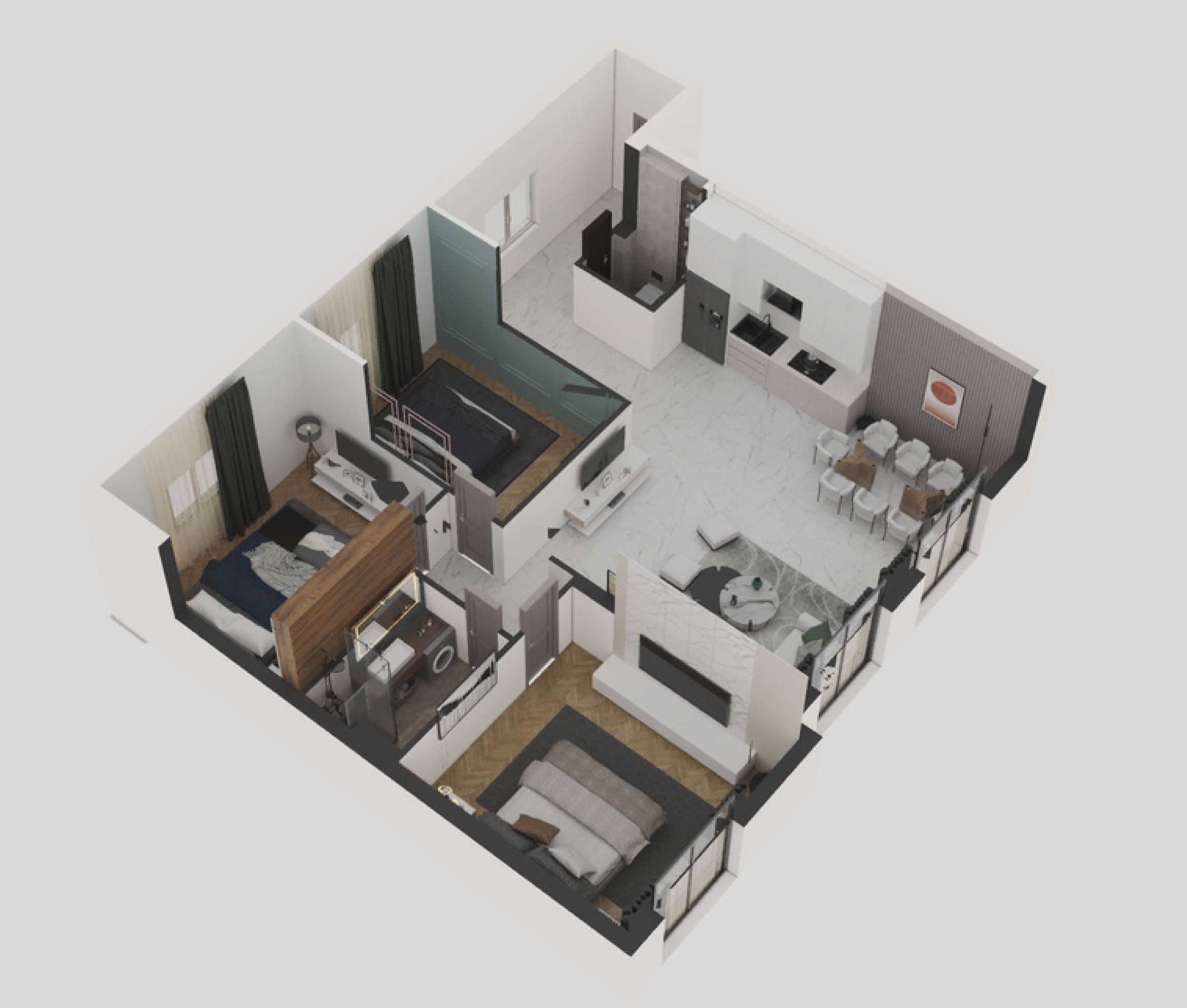 3D-Grundriss einer Wohnung in der Wohnanlage Bečići, Montenegro: zwei Schlafzimmer, Wohnküche, modernes Design und helle Ausstattung.