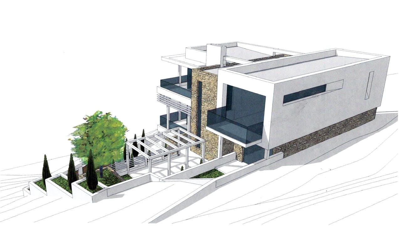 Wizualizacja 3D nowoczesnej willi z kamienną elewacją i tarasem w Morinj, Czarnogóra: projekt domu na działce.