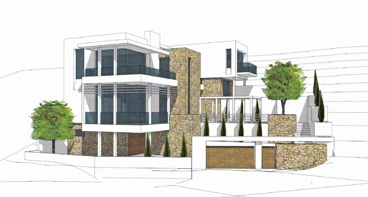 Projekt nowoczesnej willi z wykończeniem z kamienia i panoramicznymi oknami w miejscowości Morinj, Czarnogóra.