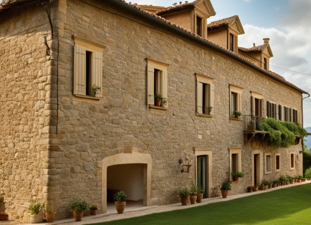 Fassade eines Steinhauses in Kostanica, Montenegro: traditionelle Mauerwerksoptik, Ziegeldach und gepflegter Rasen vor dem Gebäude.
