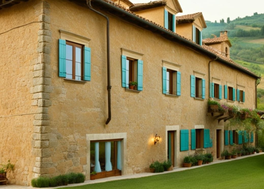 Steinhaus im mediterranen Stil mit türkisfarbenen Fensterläden und grünem Garten in Kostanica, Montenegro.