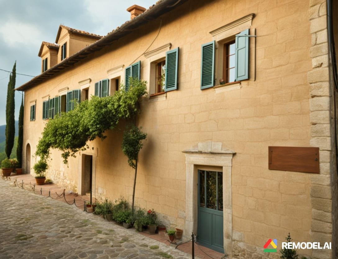 Steinhaus im mediterranen Stil mit grünen Fensterläden in Kostanjica, Montenegro: Blick auf Fassade und gepflasterten Hof.