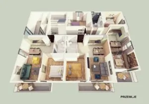 3D plan mieszkania widziany z góry, pokazujący układ pokoi: sypialnia, salon, kuchnia i łazienka.