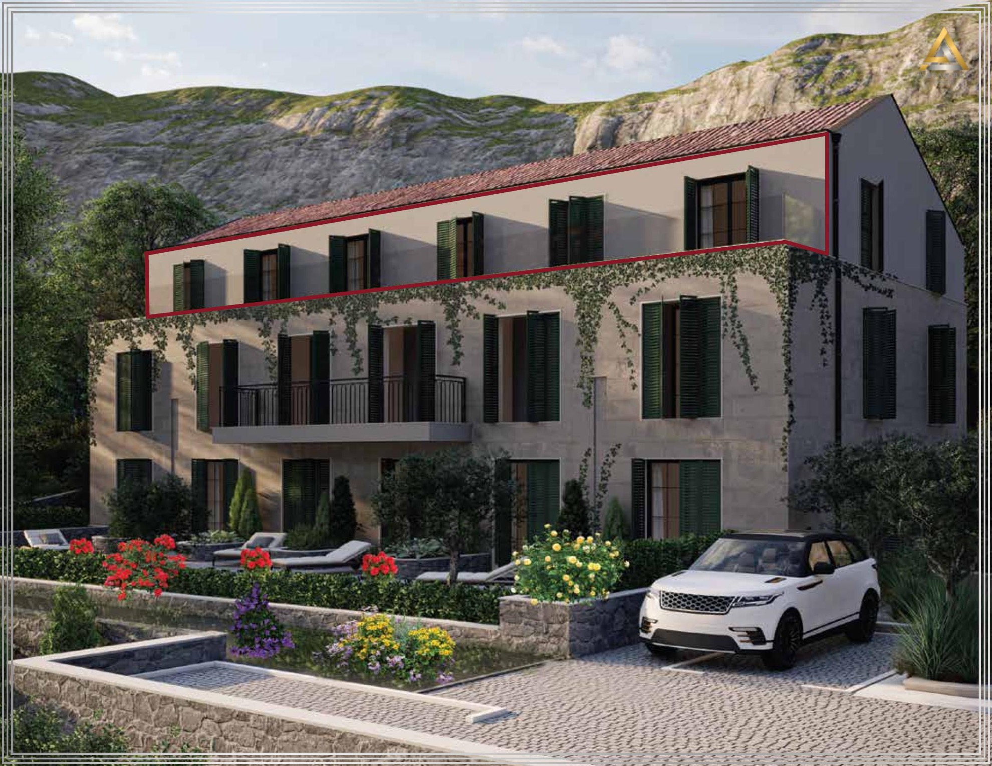 Trospratna kuća u mediteranskom stilu sa terasom i baštom u Prčanju, Crna Gora, pogled na fasadu i parking.