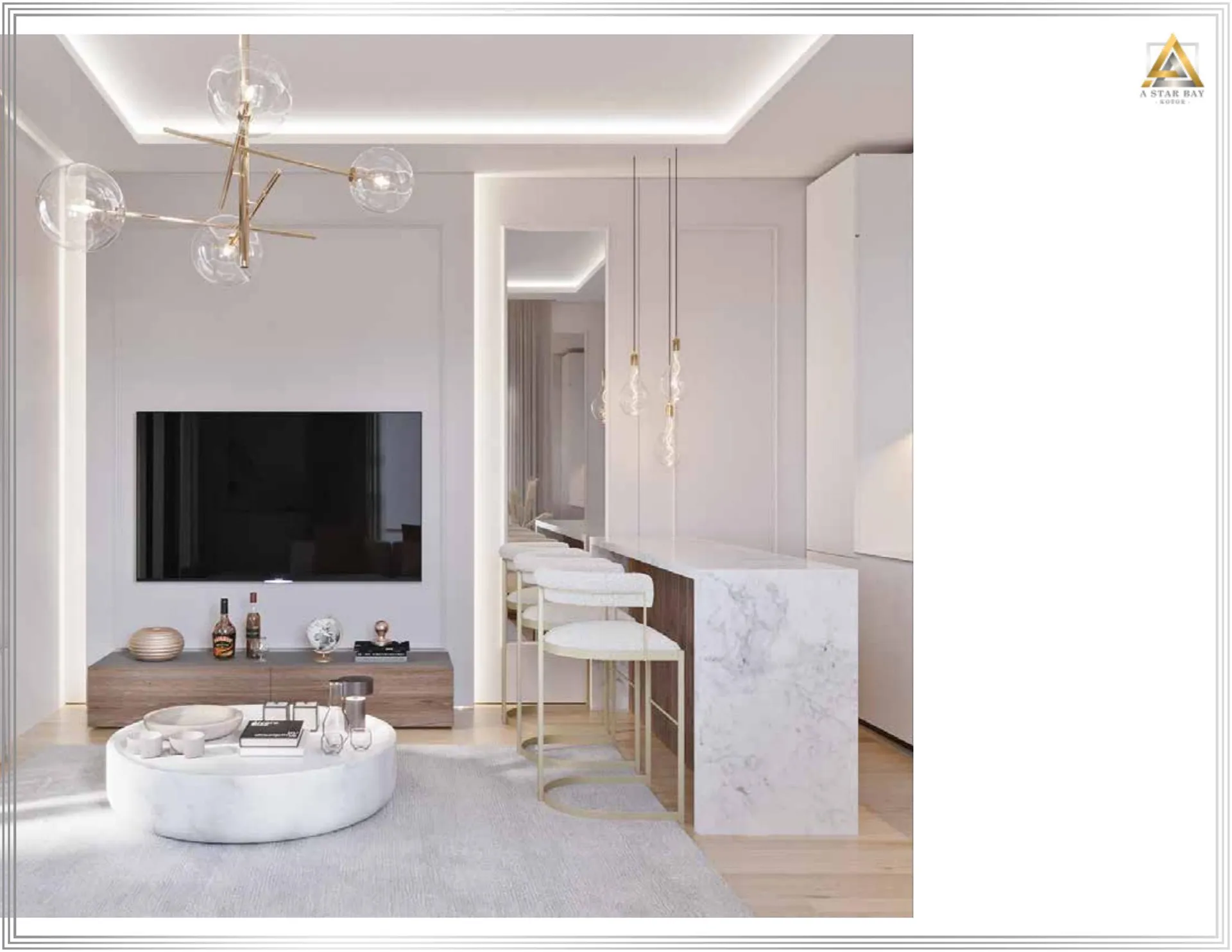 Yuvarlak mermer kahve tableti, mermer bar tezgahı ve duvarda monte TV'li modern oturma odası.