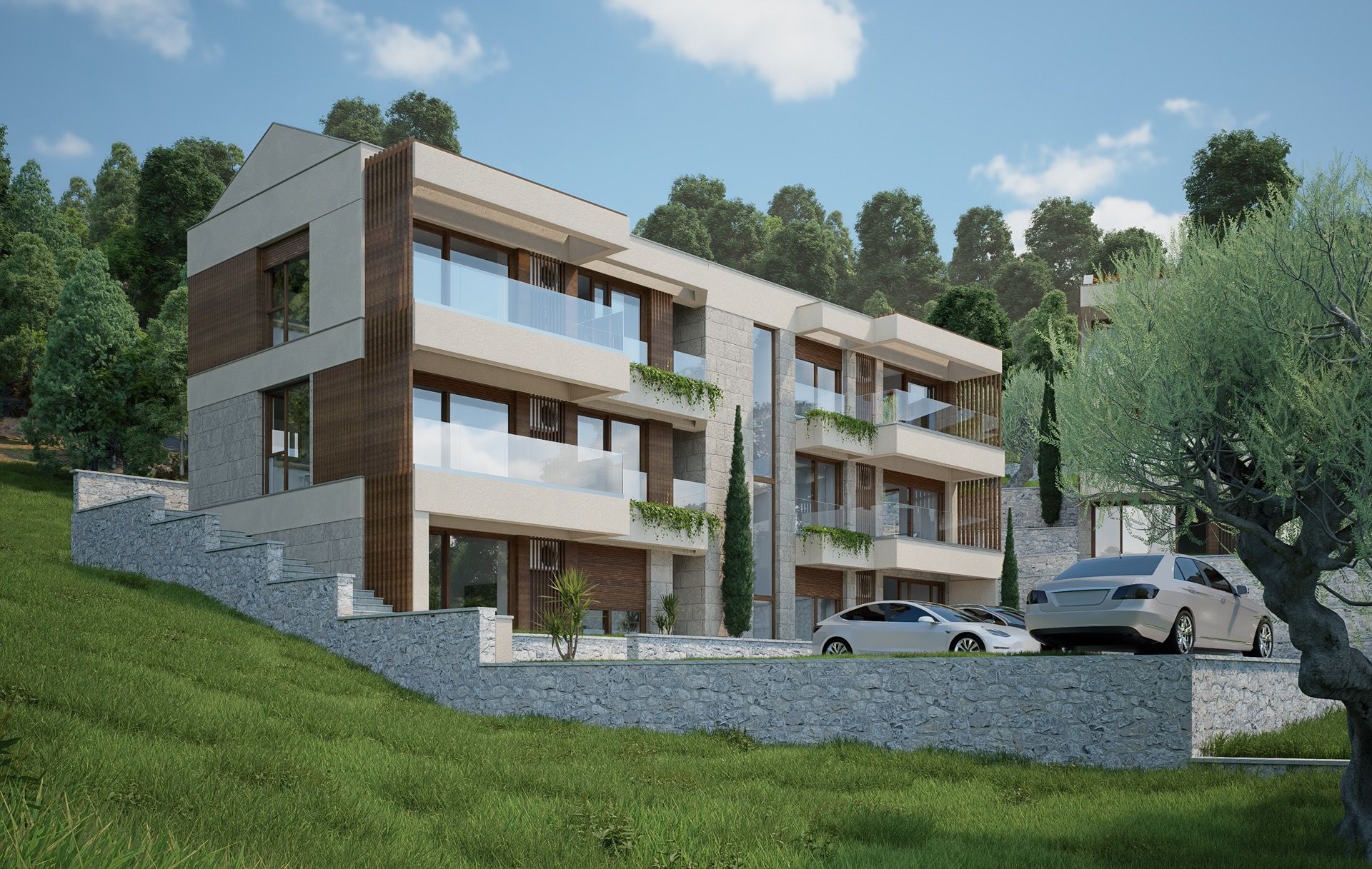 Moderner Wohnkomplex in Blizikuće, Montenegro: dreistöckiges Gebäude mit Terrassen, Panoramaverglasung und Parkplatz.