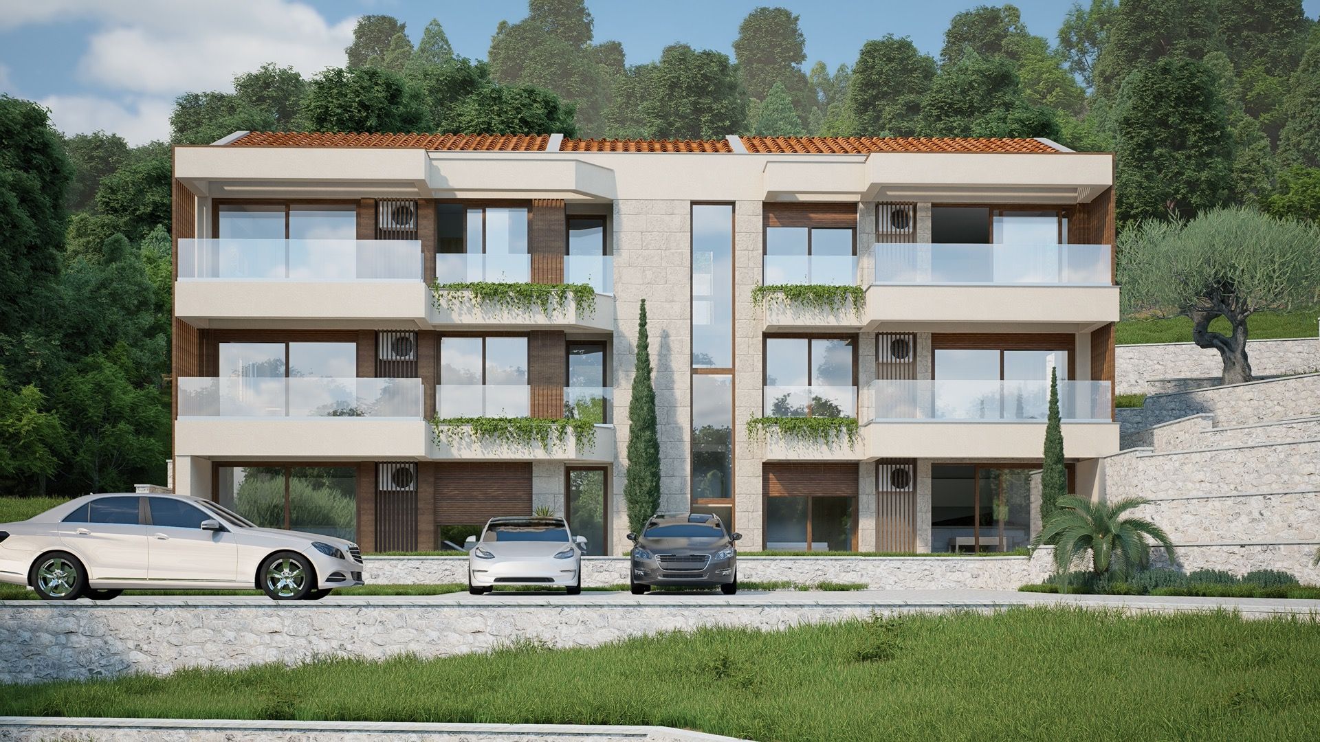Moderner Wohnkomplex in Blizikuće, Montenegro: dreistöckiges Gebäude mit Terrassen, Panoramafenstern und Parkplatz.