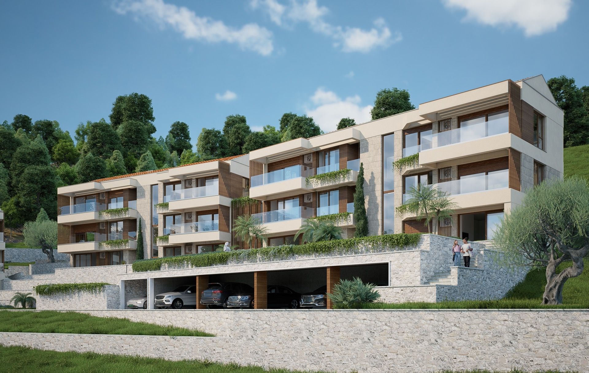 Moderner Wohnkomplex in Blizikuće, Montenegro: dreistöckiges Gebäude mit Terrassen, Panoramafenstern und Parkplatz.