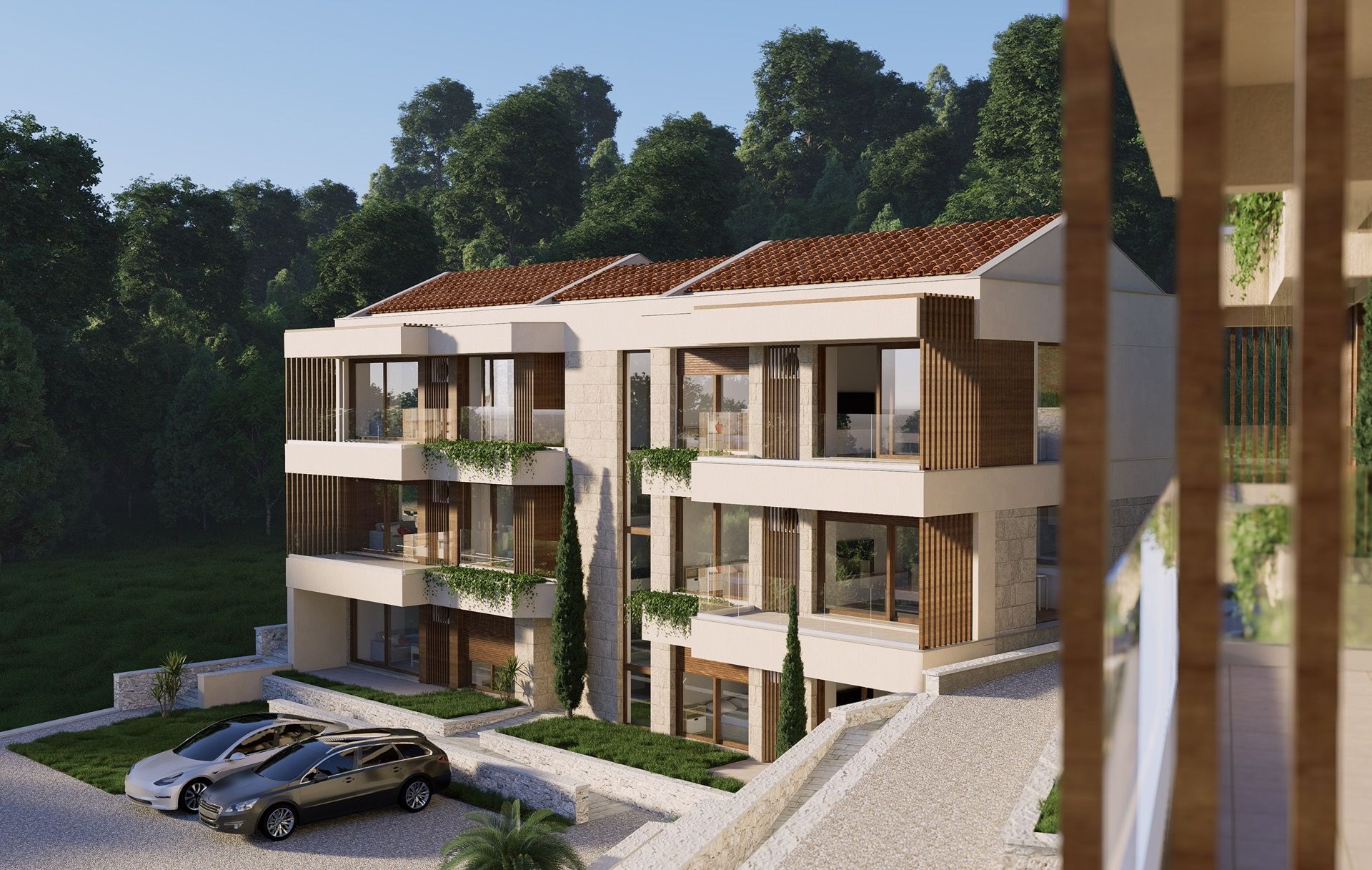 Moderner Wohnkomplex mit Terrassen und Parkplatz in Blizikuće, Montenegro: Blick auf die Fassade des Gebäudes mit Begrünung.