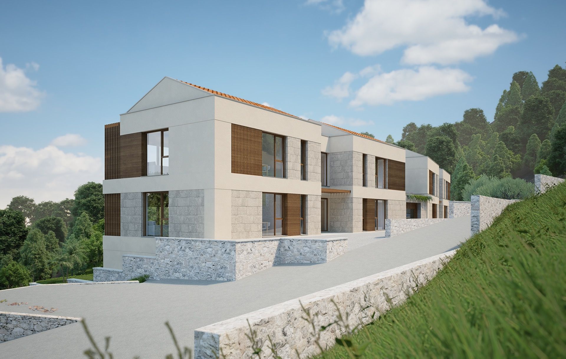 Moderner Wohnkomplex in Blizikuće, Montenegro: Fassade mit Steinverkleidung und Panoramafenstern vor natürlicher Kulisse.