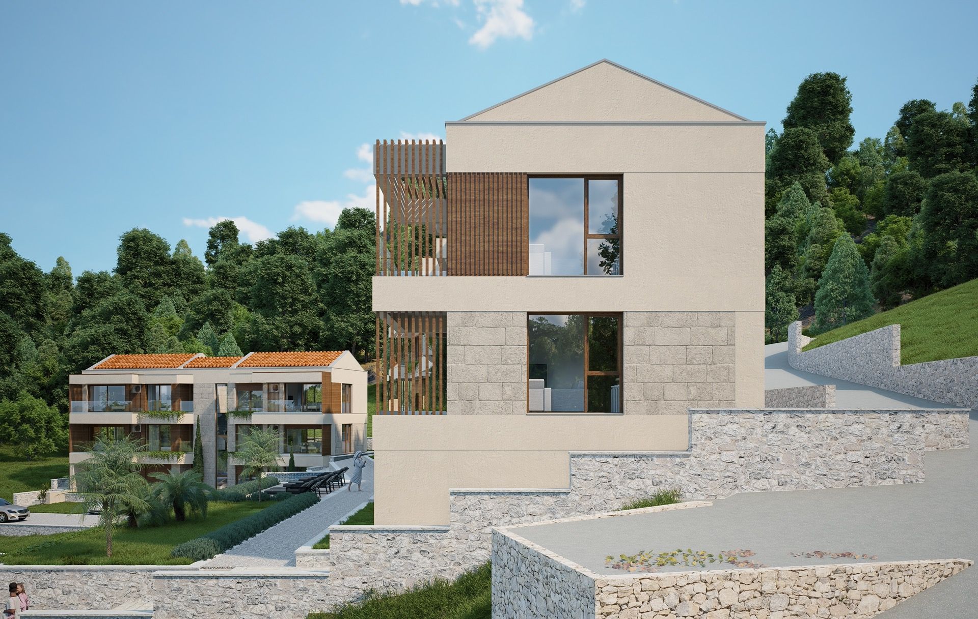 Moderne Villa in Blizikuće, Montenegro: Fassade mit Steinverkleidung, Panoramafenster und Terrassen inmitten der Natur.