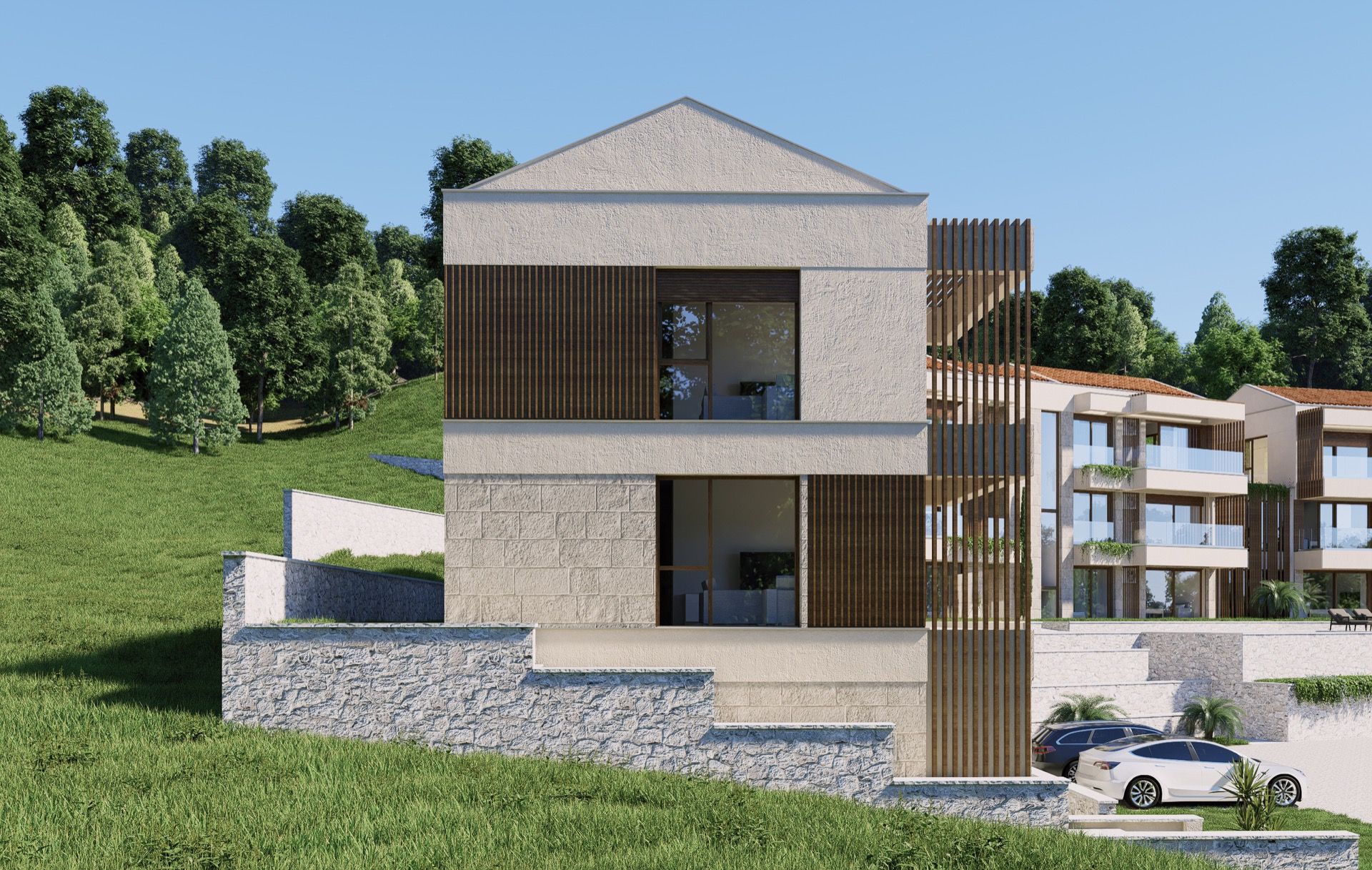 Moderne Villa mit Panoramafenstern und Steinverkleidung in Blizikuće, Montenegro, vor grünem Hügel.