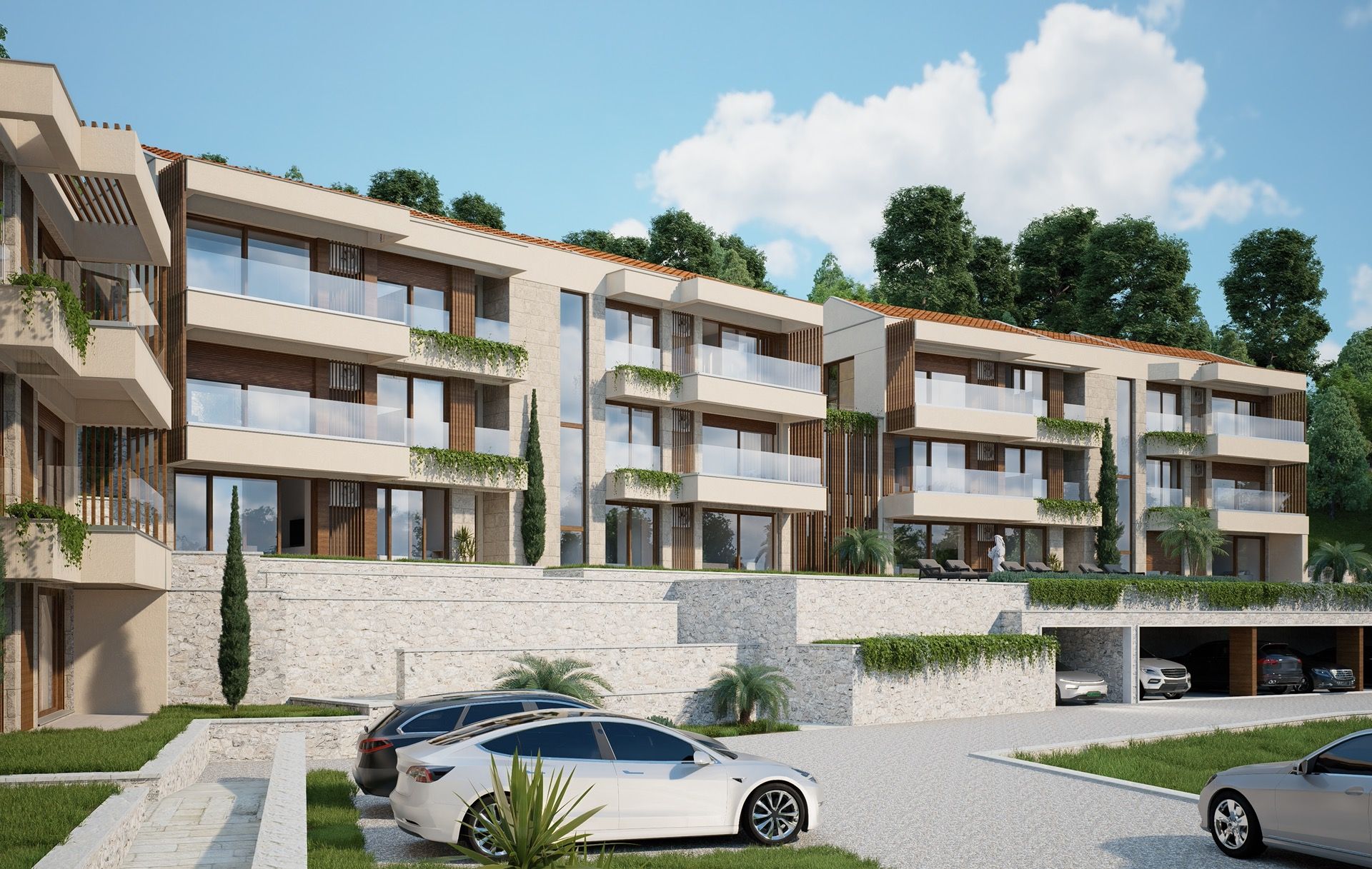 Moderner Wohnkomplex in Blizikuće, Montenegro: Fassade mit Terrassen, Panoramaverglasung und Parkplätzen am Haus.