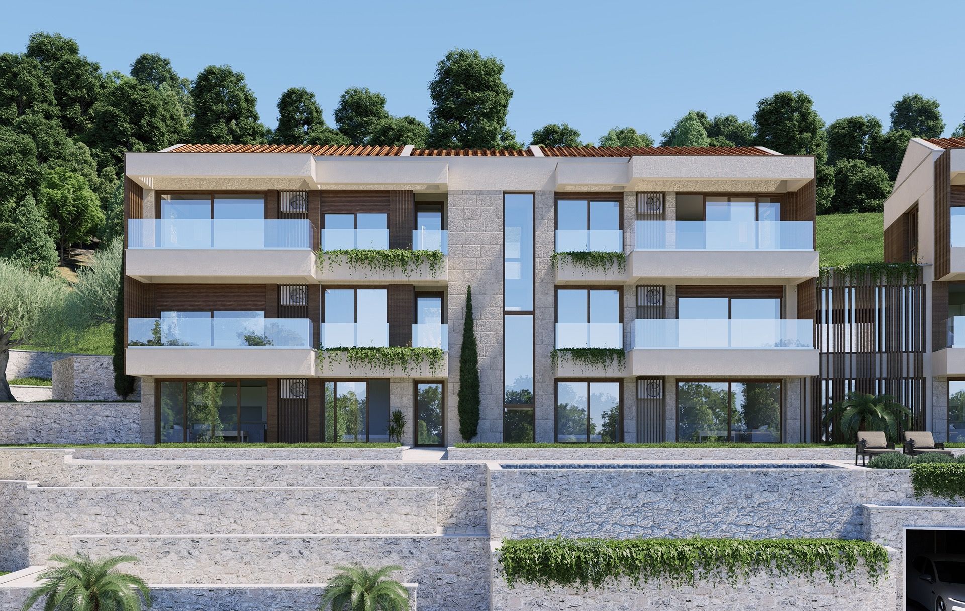 Moderner Wohnkomplex mit Terrassen und Pool in Blizikuće, Montenegro: Steinfassade und Panoramafenster.