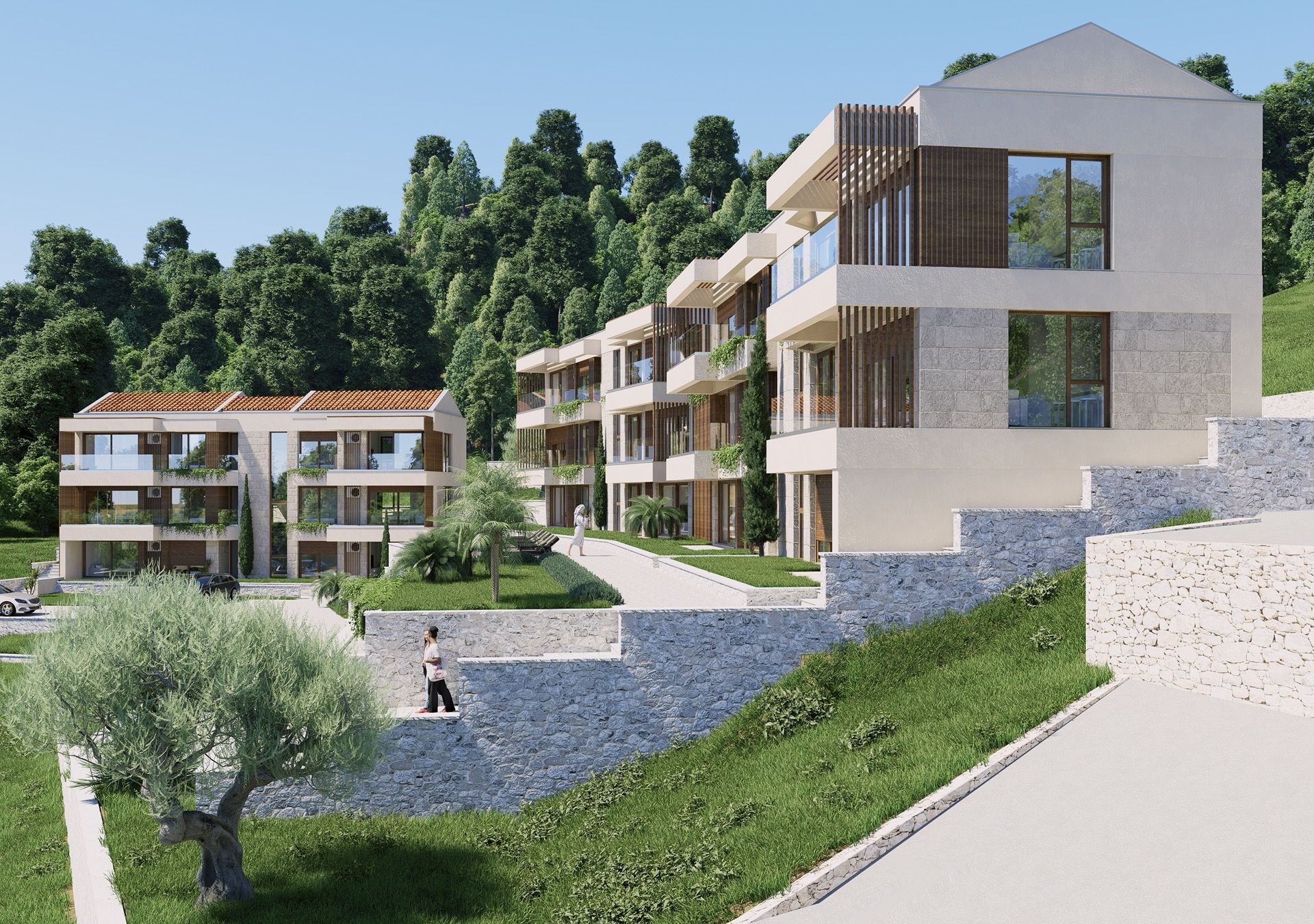 Moderner Wohnkomplex in Blizikuće, Montenegro: stilvolle Apartments mit Terrassen, Steinverkleidung und Garten.