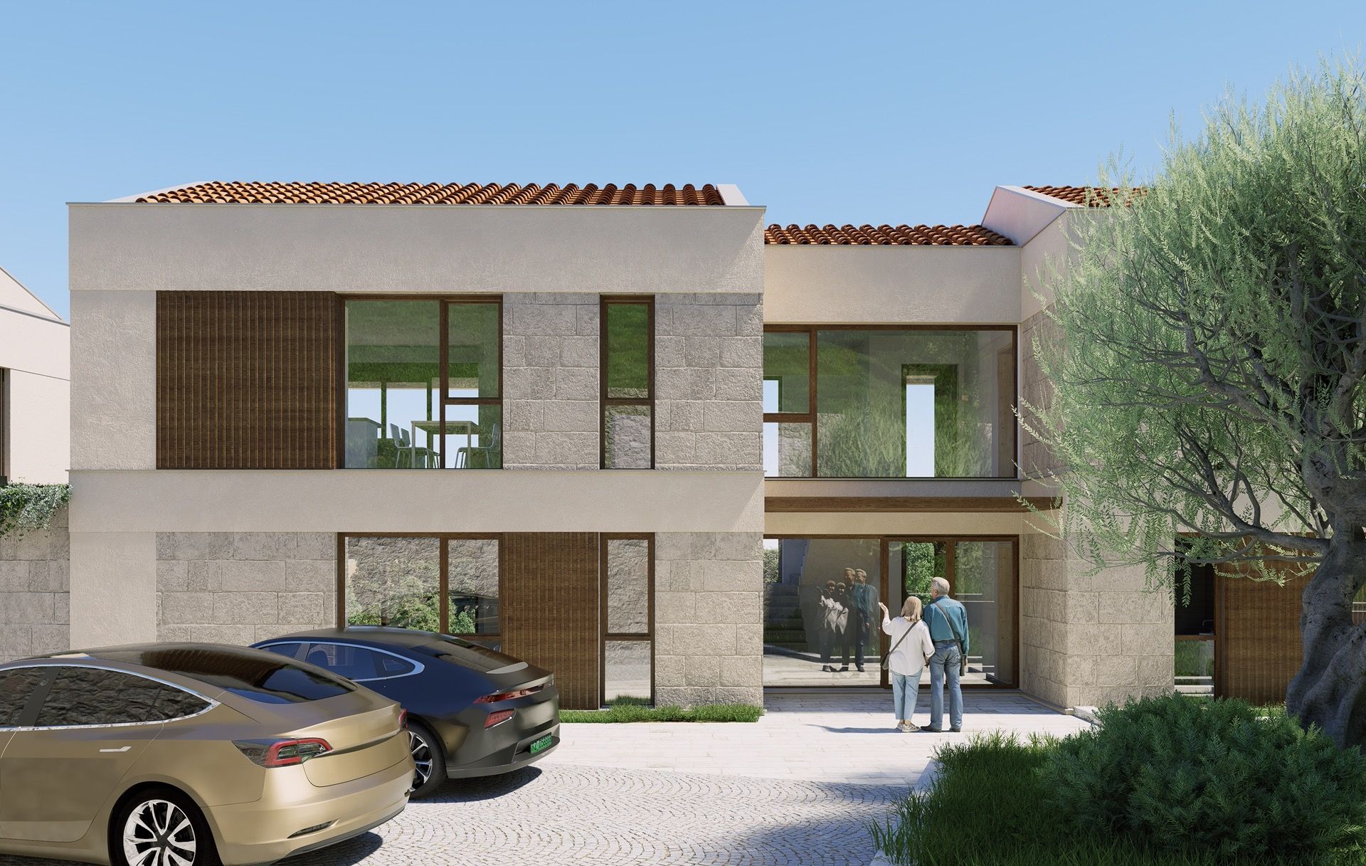 Moderne Villa in Blizikuće, Montenegro: Steinfassade, Panoramafenster, Ziegeldach und Parkplatz am Haus.