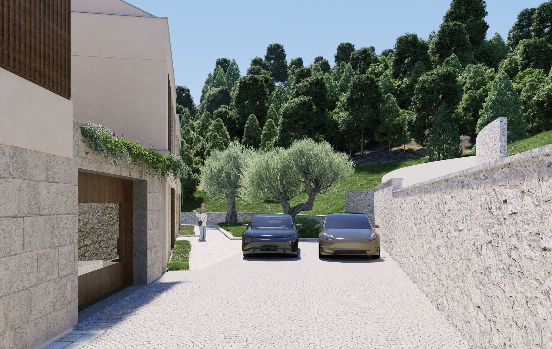 Moderne Villa in Blizikuće, Montenegro: Steinfassade, privater Parkplatz und Blick auf den grünen Wald.