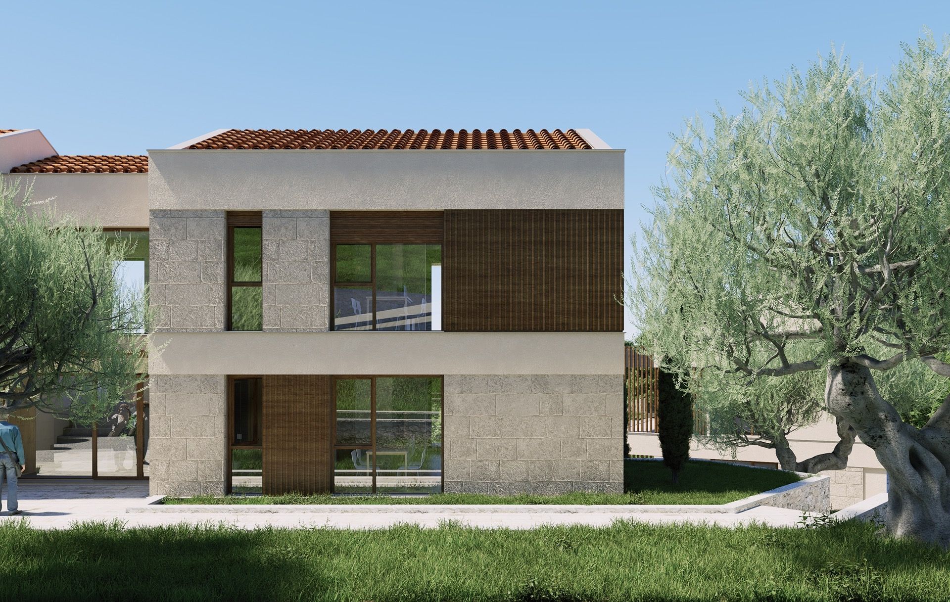 Moderne Villa in Blizikuće, Montenegro: Fassade aus Stein und Holz, Panoramafenster und Olivenbäume im Garten.