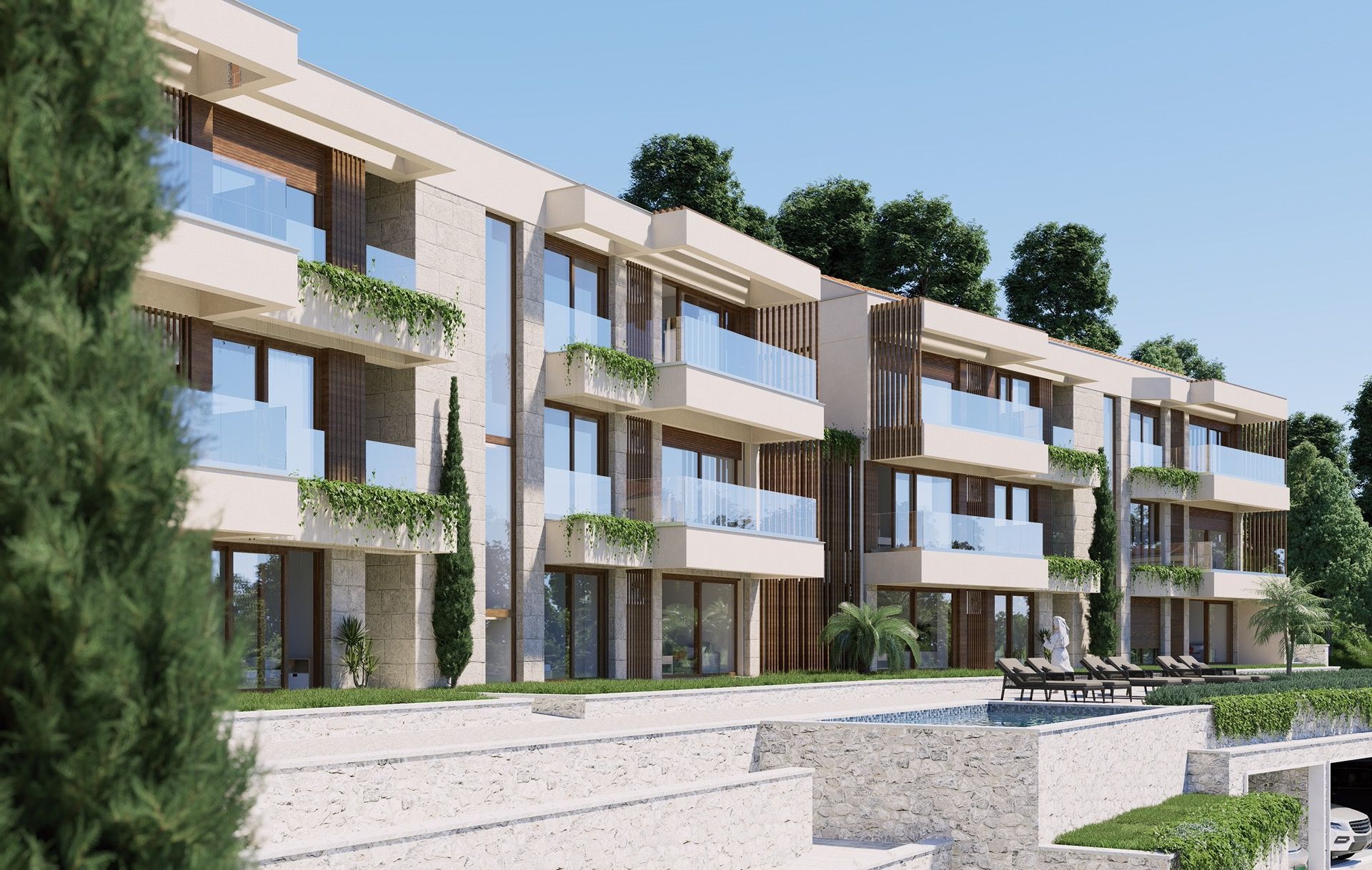 Moderner Wohnkomplex mit Pool und Terrassen in Blizikuće, Montenegro: Fassade mit Panoramaverglasung.